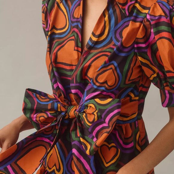 Anthropologie FARM Rio puff sleeve bow front colorful Heart Print Mini Dress M - Picture 3 of 8
